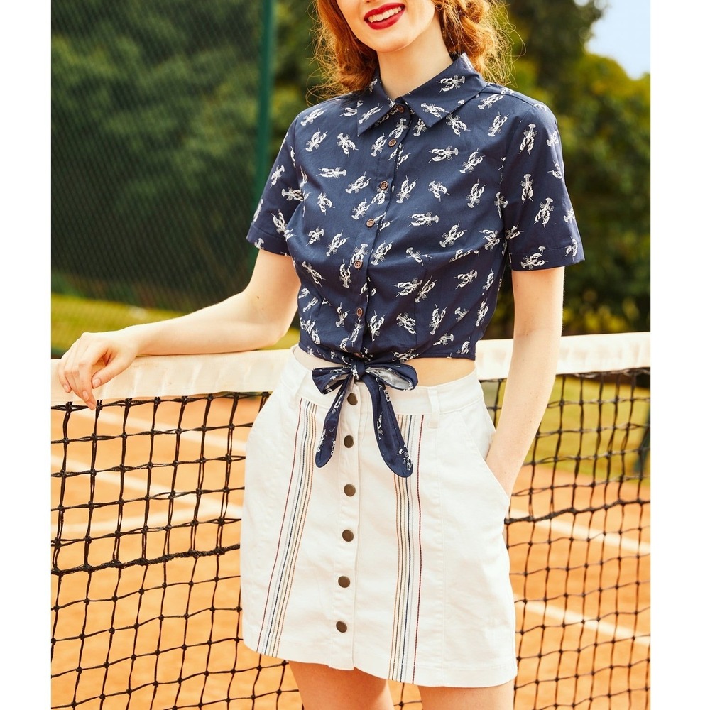 Collectif Sammy Lobster Tie Blouse Womens Small Navy Cotton Retro Nautical Crop